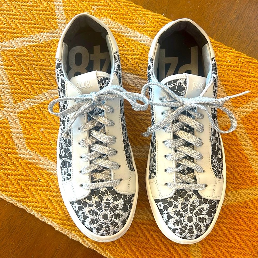 P448 sneakers tennis shoes shiny silver floral